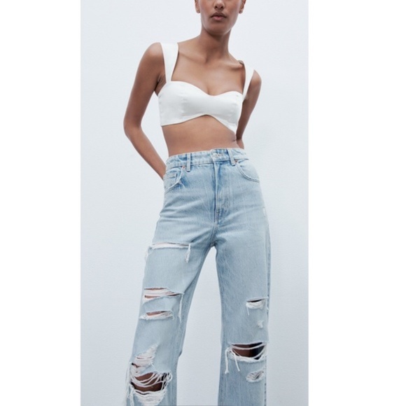 BRAND NEW! INFLUENCER ZARA High Rise Ripped Wide Leg Light Blue Jeans Size 2 - Picture 9 of 15